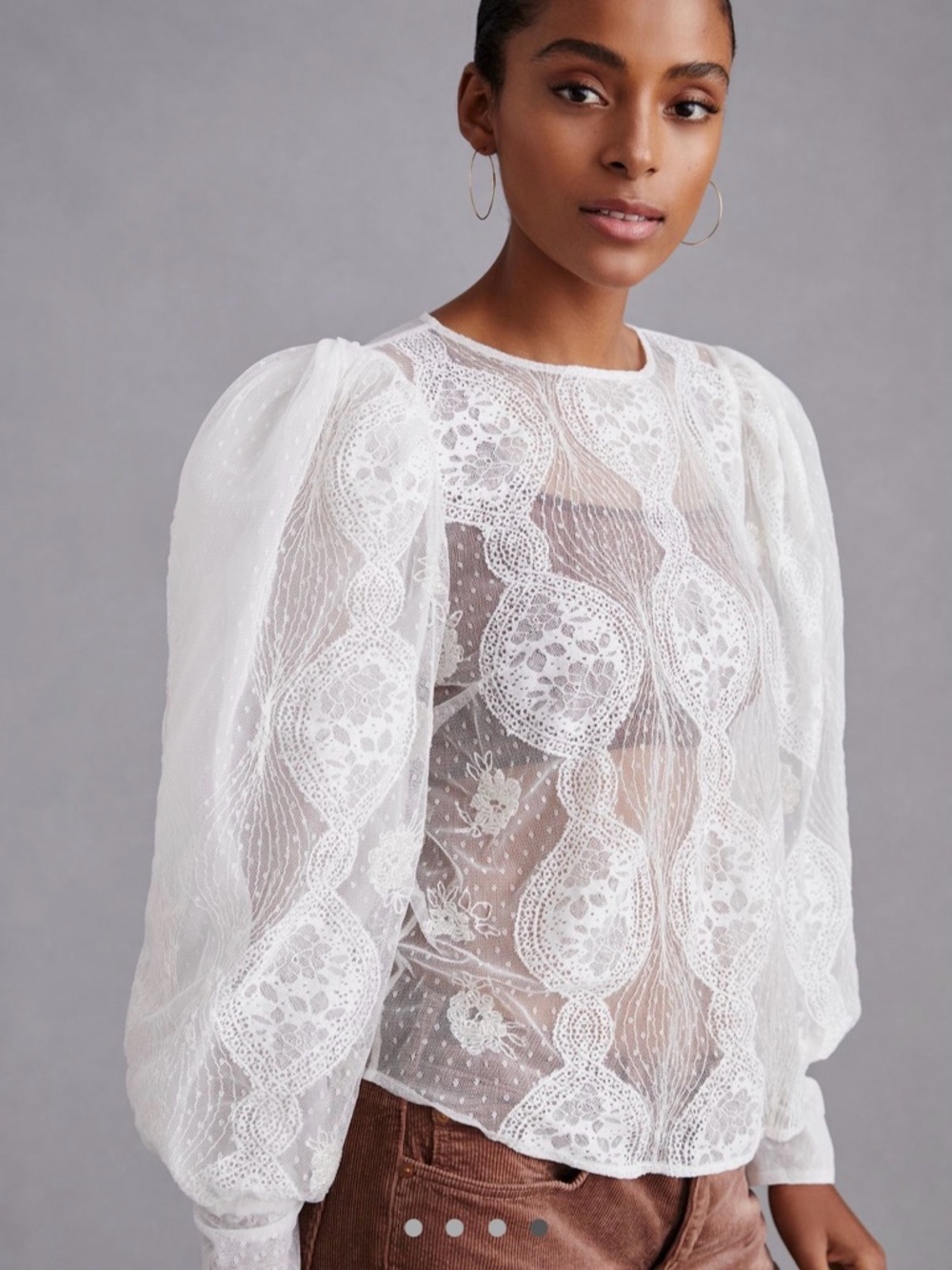 Anthropologie White Sheer Lace Puff-Sleeve Blouse
